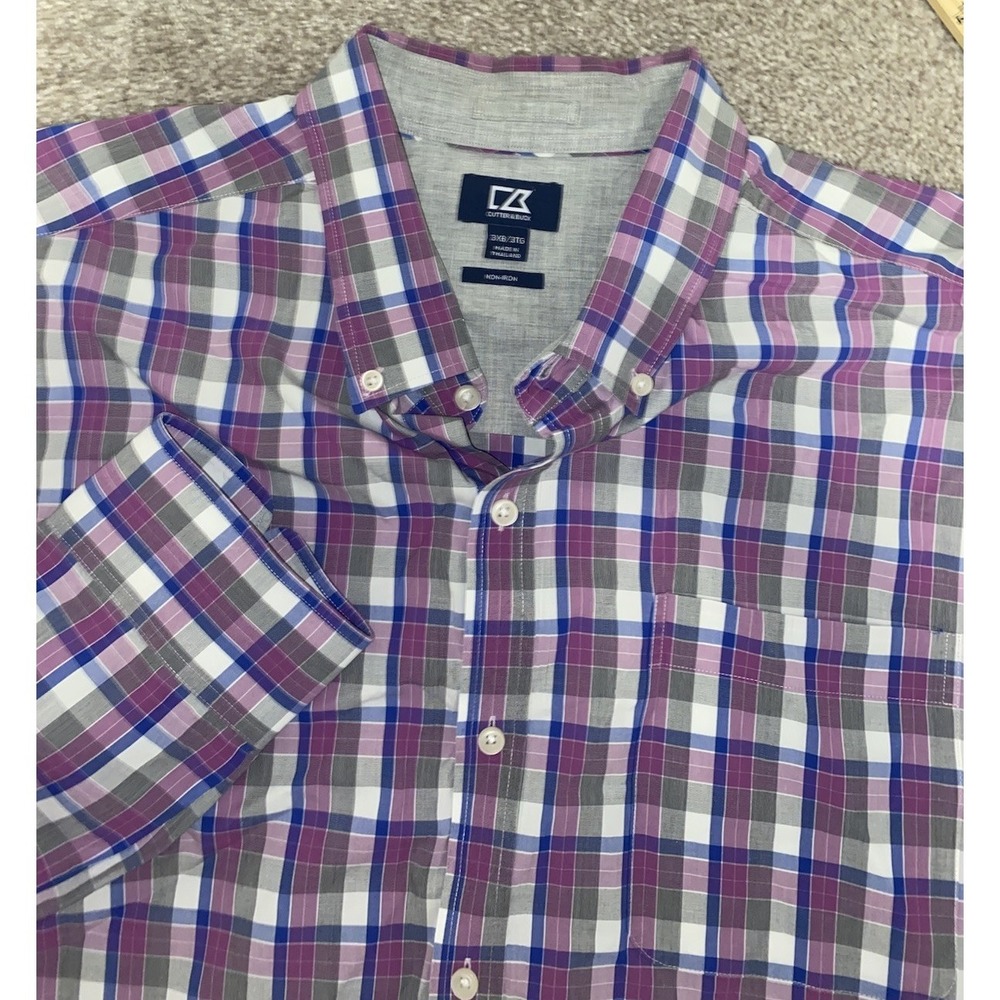 Cutter & Buck Purple/Blue/White Plaid Mens 3XB Non Iron  Button Down Cotton Prep